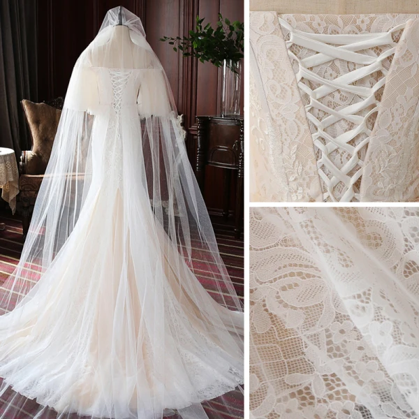High-end Champagne Lace Wedding Dresses 2020 Trumpet / Mermaid Off-The-Shoulder Puffy 1/2 Sleeves Backless Court Train