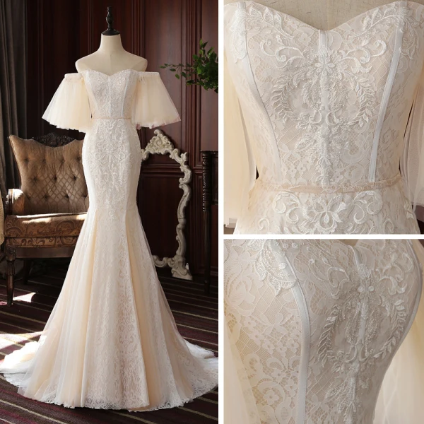 High-end Champagne Lace Wedding Dresses 2020 Trumpet / Mermaid Off-The-Shoulder Puffy 1/2 Sleeves Backless Court Train