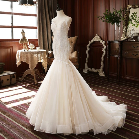 High End Champagner Garten / Im Freien Brautkleider / Hochzeitskleider 2020 Meerjungfrau Spaghettiträger Ärmellos Rückenfreies Applikationen Spitze Sweep / Pinsel Zug Rüschen