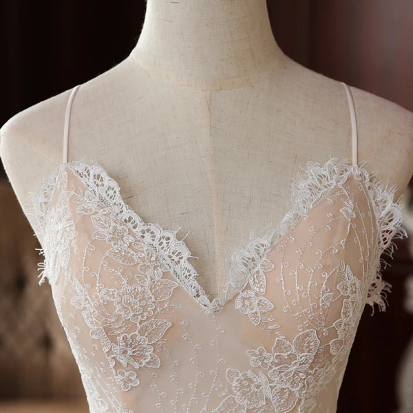 High-end Champagne Outdoor / Garden Wedding Dresses 2020 Trumpet / Mermaid Spaghetti Straps Sleeveless Backless Appliques Lace Sweep Train Ruffle