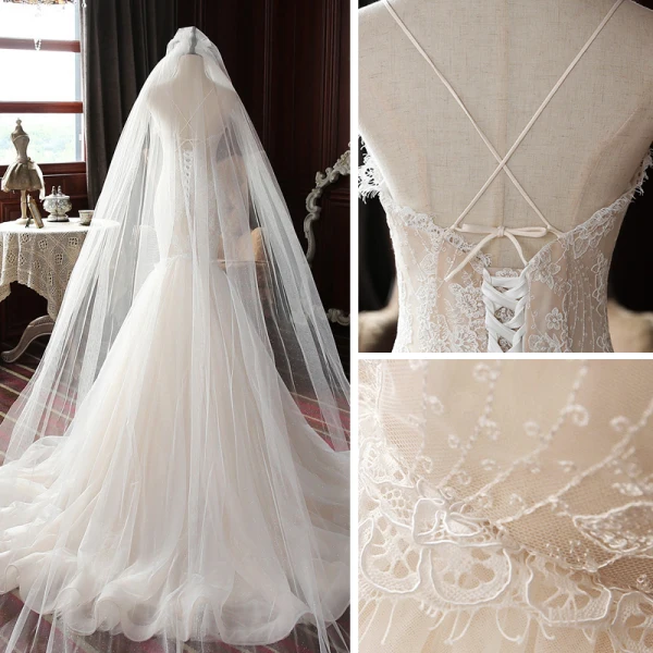 High-end Champagne Outdoor / Garden Wedding Dresses 2020 Trumpet / Mermaid Spaghetti Straps Sleeveless Backless Appliques Lace Sweep Train Ruffle