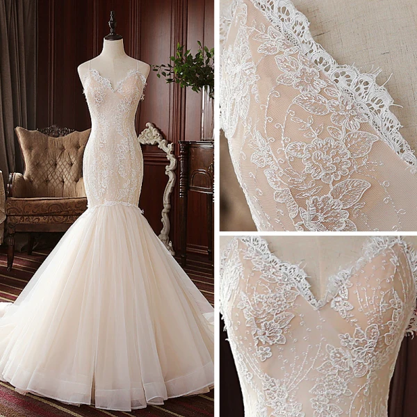 High-end Champagne Outdoor / Garden Wedding Dresses 2020 Trumpet / Mermaid Spaghetti Straps Sleeveless Backless Appliques Lace Sweep Train Ruffle