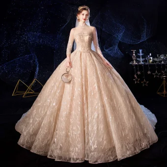 Luxe Champagne Transparentes Robe De Mariée 2020 Robe Boule Col Haut 3 4 Manches Dos Nu Glitter Appliques En Dentelle Fait Main Perlage Royal Train Volants