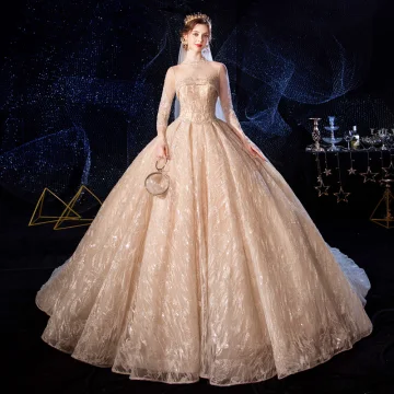 Luxury Gorgeous Champagne See Through Wedding Dresses 2020 Ball Gown High Neck 3 4 Sleeve Backless Glitter Appliques Lace Handmade Beading Royal Train Ruffle