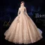 Luxe Champagne Transparentes Robe De Mariée 2020 Robe Boule Col Haut 3/4 Manches Dos Nu Glitter Appliques En Dentelle Fait main Perlage Royal Train Volants