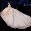 Luxe Champagne Transparentes Robe De Mariée 2020 Robe Boule Col Haut 3/4 Manches Dos Nu Glitter Appliques En Dentelle Fait main Perlage Royal Train Volants