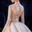 Luxe Champagne Transparentes Robe De Mariée 2020 Robe Boule Col Haut 3/4 Manches Dos Nu Glitter Appliques En Dentelle Fait main Perlage Royal Train Volants