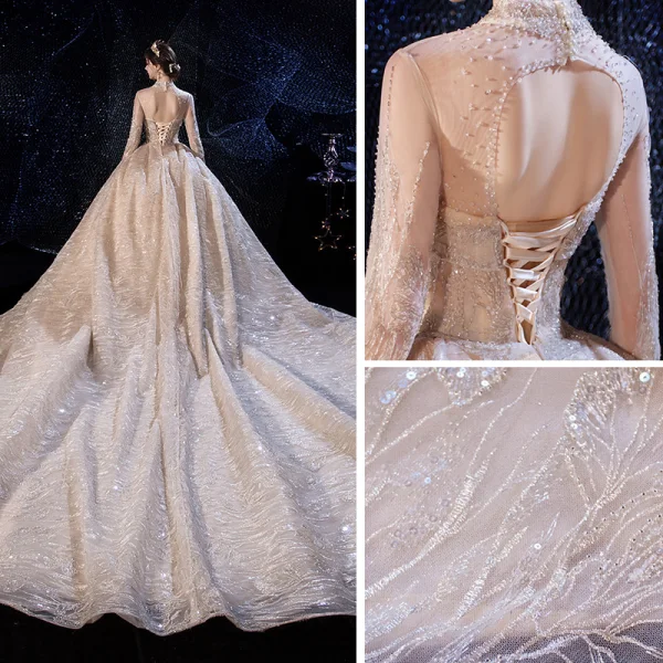 Luxe Champagne Transparentes Robe De Mariée 2020 Robe Boule Col Haut 3/4 Manches Dos Nu Glitter Appliques En Dentelle Fait main Perlage Royal Train Volants