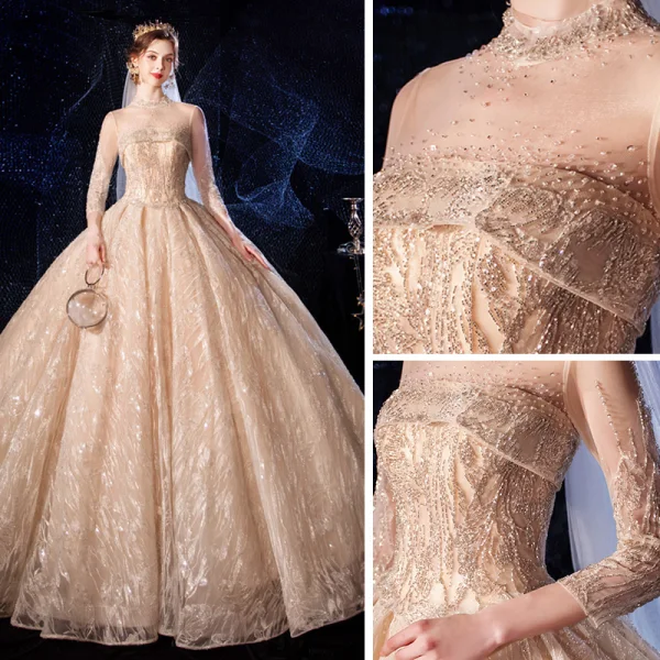 Luxe Champagne Transparentes Robe De Mariée 2020 Robe Boule Col Haut 3/4 Manches Dos Nu Glitter Appliques En Dentelle Fait main Perlage Royal Train Volants