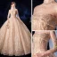 Luxe Champagne Transparentes Robe De Mariée 2020 Robe Boule Col Haut 3/4 Manches Dos Nu Glitter Appliques En Dentelle Fait main Perlage Royal Train Volants