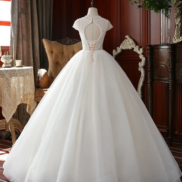 High-end Champagne Outdoor / Garden Wedding Dresses 2020 Ball Gown Scoop Neck Short Sleeve Backless Handmade Beading Floor-Length / Long Ruffle
