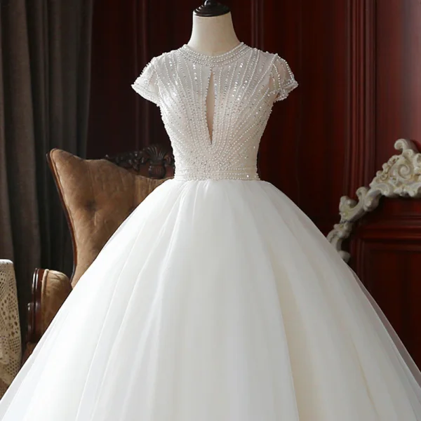 High-end Champagne Outdoor / Garden Wedding Dresses 2020 Ball Gown Scoop Neck Short Sleeve Backless Handmade Beading Floor-Length / Long Ruffle