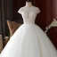 High-end Champagne Outdoor / Garden Wedding Dresses 2020 Ball Gown Scoop Neck Short Sleeve Backless Handmade  Beading Floor-Length / Long Ruffle