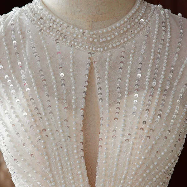 High-end Champagne Outdoor / Garden Wedding Dresses 2020 Ball Gown Scoop Neck Short Sleeve Backless Handmade Beading Floor-Length / Long Ruffle