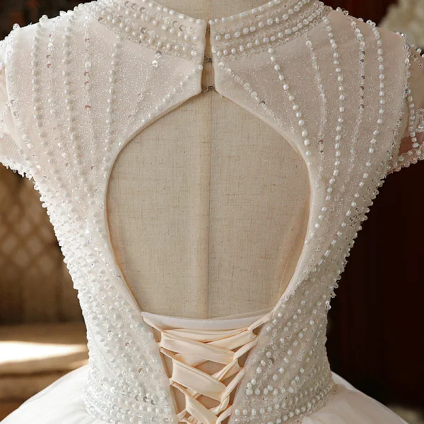 High-end Champagne Outdoor / Garden Wedding Dresses 2020 Ball Gown Scoop Neck Short Sleeve Backless Handmade Beading Floor-Length / Long Ruffle