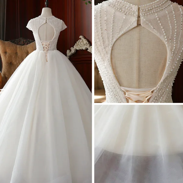 High-end Champagne Outdoor / Garden Wedding Dresses 2020 Ball Gown Scoop Neck Short Sleeve Backless Handmade Beading Floor-Length / Long Ruffle