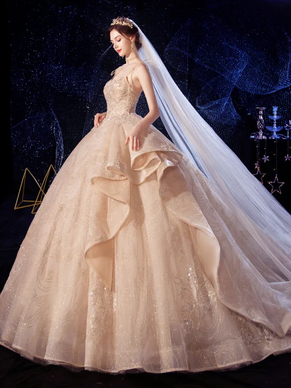 Luxury / Gorgeous Champagne Wedding Dresses 2020 Ball Gown Spaghetti Straps Sleeveless Backless Beading Appliques Lace Glitter Tulle Cathedral Train Ruffle