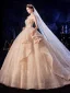 Luxury / Gorgeous Champagne Wedding Dresses 2020 Ball Gown Spaghetti Straps Sleeveless Backless Beading Appliques Lace Glitter Tulle Cathedral Train Ruffle