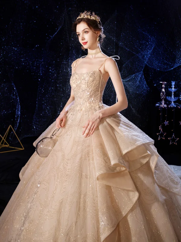 Luxury / Gorgeous Champagne Wedding Dresses 2020 Ball Gown Spaghetti Straps Sleeveless Backless Beading Appliques Lace Glitter Tulle Cathedral Train Ruffle