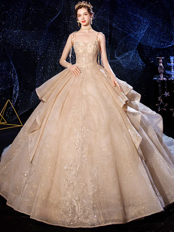 Luxury / Gorgeous Champagne Wedding Dresses 2020 Ball Gown Spaghetti Straps Sleeveless Backless Beading Appliques Lace Glitter Tulle Cathedral Train Ruffle
