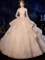 Luxury / Gorgeous Champagne Wedding Dresses 2020 Ball Gown Spaghetti Straps Sleeveless Backless Beading Appliques Lace Glitter Tulle Cathedral Train Ruffle