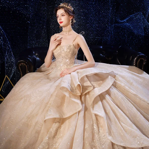 Luxury / Gorgeous Champagne Wedding Dresses 2020 Ball Gown Spaghetti Straps Sleeveless Backless Beading Appliques Lace Glitter Tulle Cathedral Train Ruffle