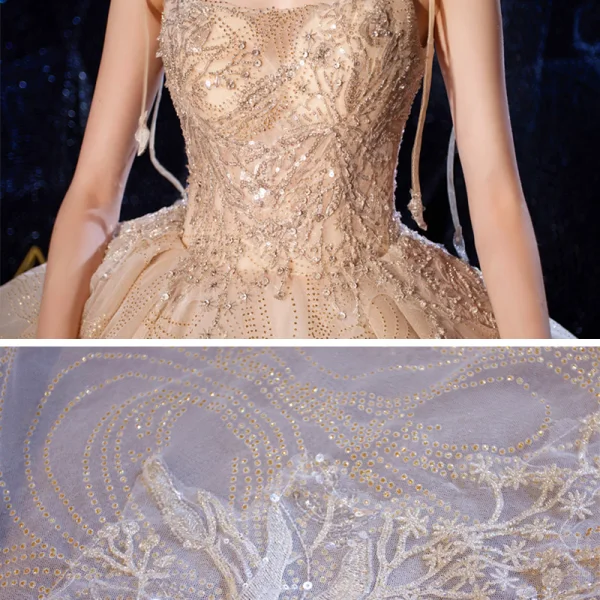 Luxury / Gorgeous Champagne Wedding Dresses 2020 Ball Gown Spaghetti Straps Sleeveless Backless Beading Appliques Lace Glitter Tulle Cathedral Train Ruffle