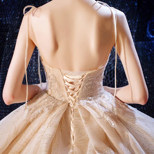 Luxury / Gorgeous Champagne Wedding Dresses 2020 Ball Gown Spaghetti Straps Sleeveless Backless Beading Appliques Lace Glitter Tulle Cathedral Train Ruffle