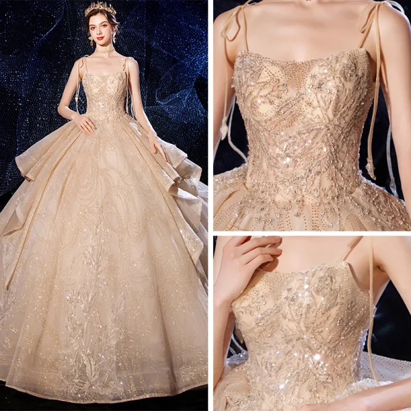 Luxury / Gorgeous Champagne Wedding Dresses 2020 Ball Gown Spaghetti Straps Sleeveless Backless Beading Appliques Lace Glitter Tulle Cathedral Train Ruffle