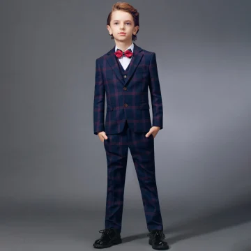 Simple Rouge Cravate Bleu Marine À Carreaux Costumes De Mariage Pour Garçons 2020