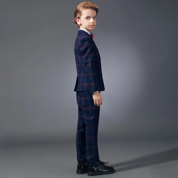 Modest / Simple Red Tie Navy Blue Checked Boys Wedding Suits 2020