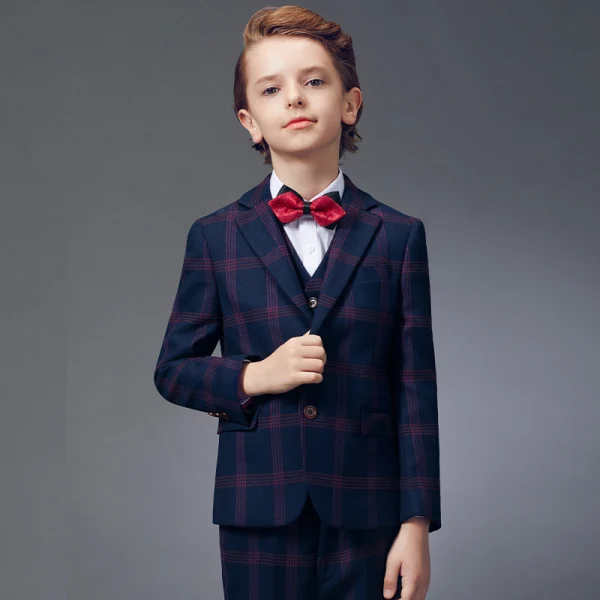 Modest / Simple Red Tie Navy Blue Checked Boys Wedding Suits 2020