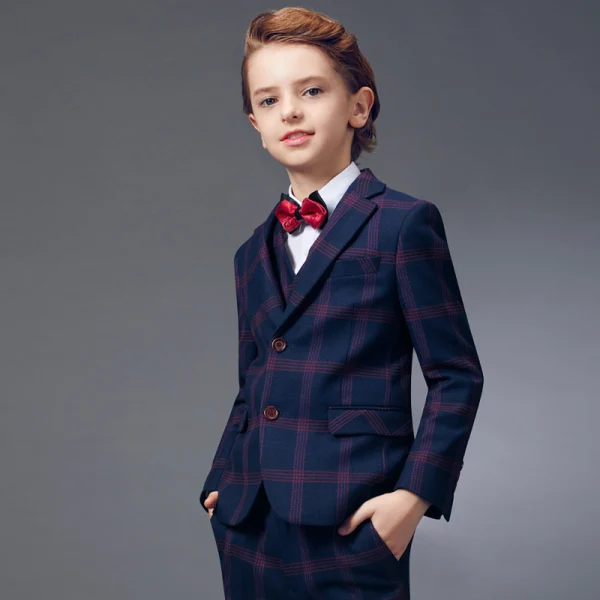 Modest / Simple Red Tie Navy Blue Checked Boys Wedding Suits 2020