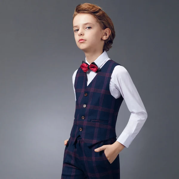 Modest / Simple Red Tie Navy Blue Checked Boys Wedding Suits 2020