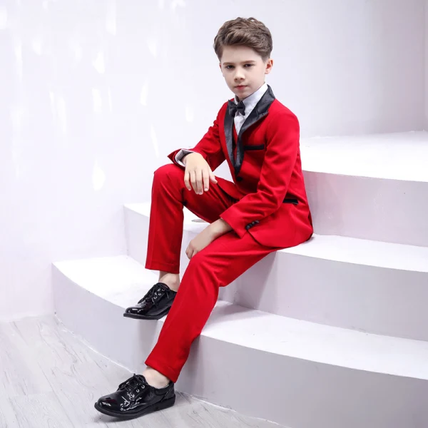 Modest / Simple Black Tie Red Boys Wedding Suits 2020