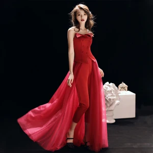Chic Beautiful Red Jumpsuit 2019 A Line Princess Strapless Sleeveless Floor Length Long Ruffle Backless Evening Dresses