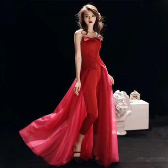 Mooie Prachtige Rode Jumpsuit 2019 A Lijn Strapless Mouwloos Lange Ruche Ruglooze Avondjurken