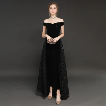 Modern Winter Zwarte Suede Jumpsuit 2019 A Lijn Uit De Schouder Korte Mouwen Lange Ruglooze Avondjurken