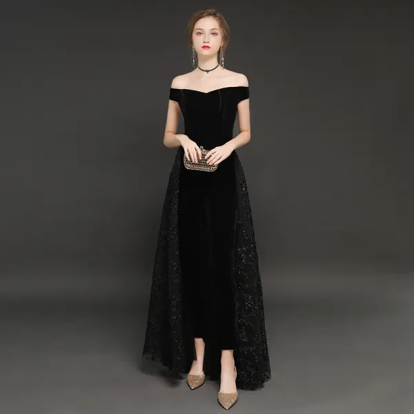 Moda Invierno Negro Suede Mono Ropa 2019 A Line Princess Fuera Del Hombro Manga Corta Largos