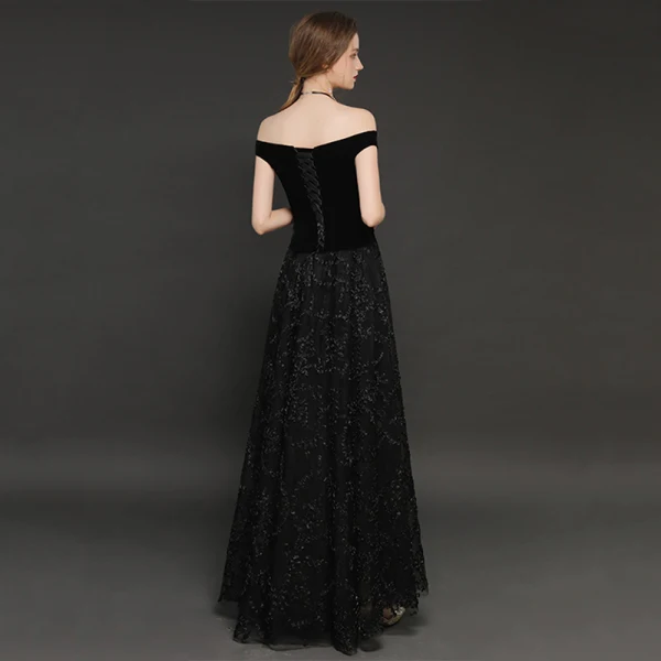 Modern / Fashion Winter Black Suede Jumpsuit 2019 A-Line / Princess Off-The-Shoulder Short Sleeve Floor-Length / Long Backless Evening Dresses