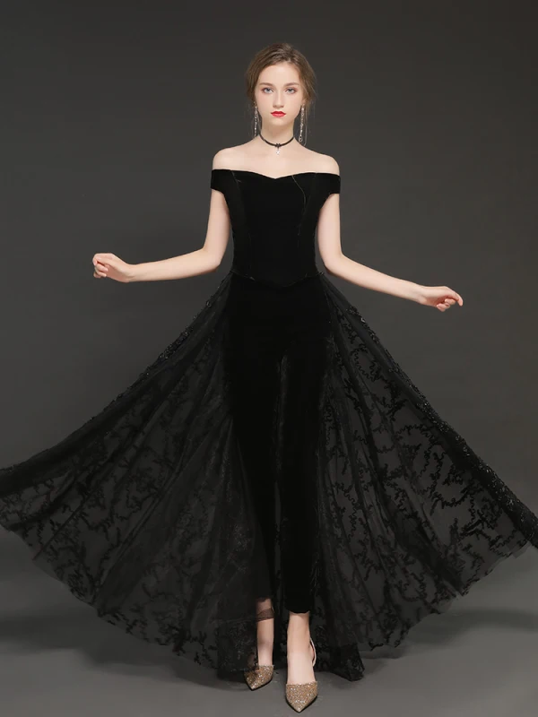 Modern / Fashion Winter Black Suede Jumpsuit 2019 A-Line / Princess Off-The-Shoulder Short Sleeve Floor-Length / Long Backless Evening Dresses