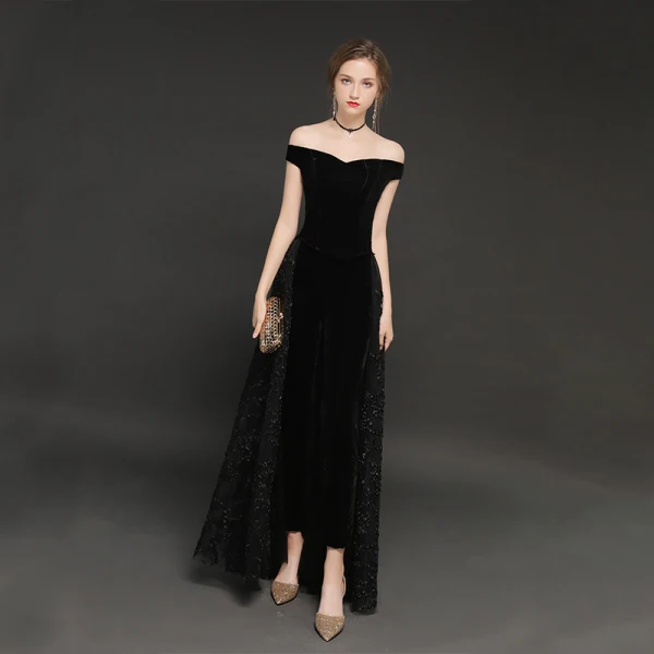 Modern / Fashion Winter Black Suede Jumpsuit 2019 A-Line / Princess Off-The-Shoulder Short Sleeve Floor-Length / Long Backless Evening Dresses
