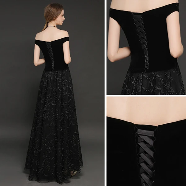 Modern / Fashion Winter Black Suede Jumpsuit 2019 A-Line / Princess Off-The-Shoulder Short Sleeve Floor-Length / Long Backless Evening Dresses