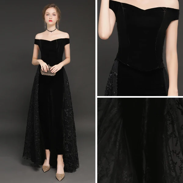 Modern / Fashion Winter Black Suede Jumpsuit 2019 A-Line / Princess Off-The-Shoulder Short Sleeve Floor-Length / Long Backless Evening Dresses