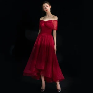 High Low Burgundy Homecoming Graduation Dresses 2019 A Line Princess Off The Shoulder Short Sleeve Spotted Tulle Asymmetrical Ruffle Backless Formal Dresses