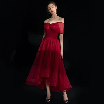 High Low Burgundy Homecoming Graduation Dresses 2019 A Line Princess Off The Shoulder Short Sleeve Spotted Tulle Asymmetrical Ruffle Backless Formal Dresses