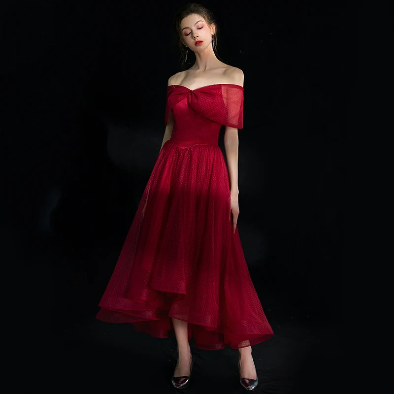 High Low Burgundy Homecoming Graduation Dresses 2019 A Line Princess Off  The Shoulder Short Sleeve Spotted Tulle Asymmetrical Ruffle Backless Formal  Dresses