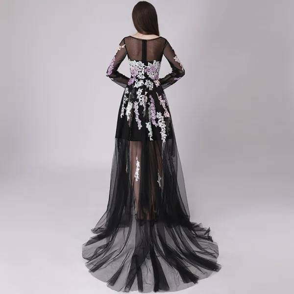 Affordable Black See-through Summer Prom Dresses 2018 A-Line / Princess Appliques Lace Scoop Neck Long Sleeve Court Train Ruffle Formal Dresses