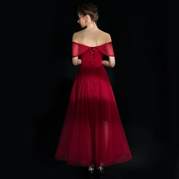 High Low Burgundy Homecoming Graduation Dresses 2019 A-Line / Princess Off-The-Shoulder Short Sleeve Spotted Tulle Asymmetrical Ruffle Backless Formal Dresses