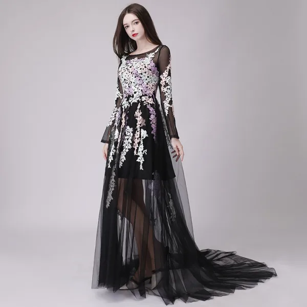 Affordable Black See-through Summer Prom Dresses 2018 A-Line / Princess Appliques Lace Scoop Neck Long Sleeve Court Train Ruffle Formal Dresses